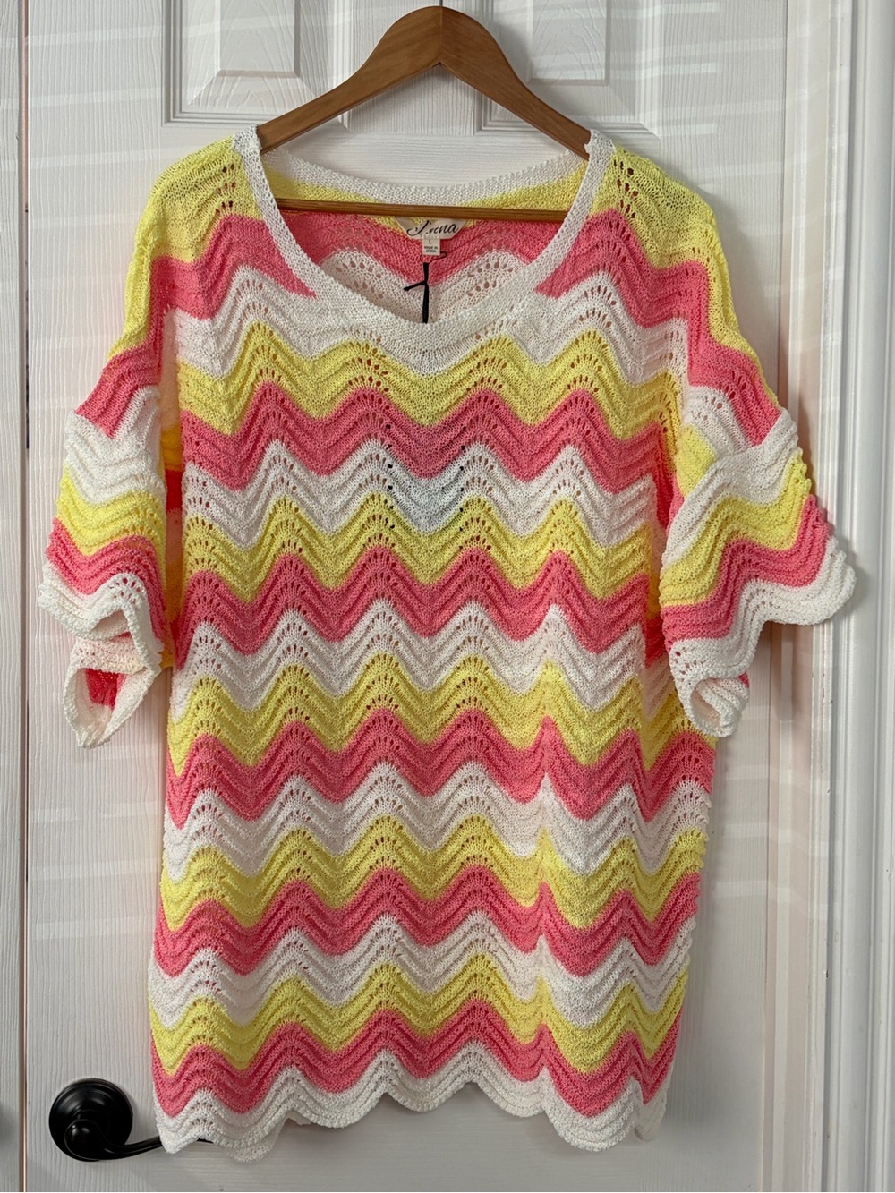 J.nna Crochet Knit Stripe Swim Cover-up- Pink, Yellow & White